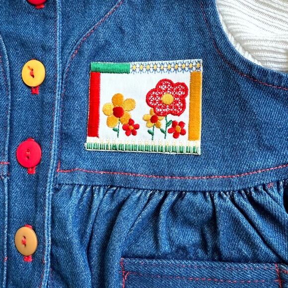 Vintage 90s Piano Kids Fashion Jumper Dress & Shirt Set Girls 2T Denim Floral - Picture 4 of 5